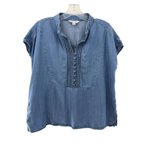 Tru Luxe Women's Blue Cropped V-Neck Cap-Sleeve Blouse Size Medium